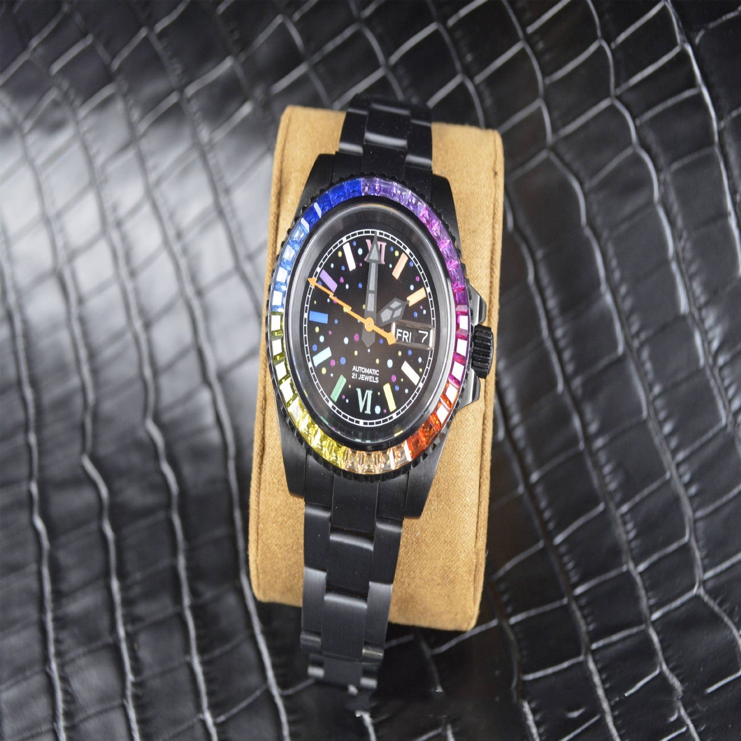Montre mécanique entièrement automatique diamant de couleur noire en acier inoxydable