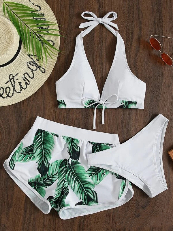 Bikini imprimé feuille 3 pièces pour femmes