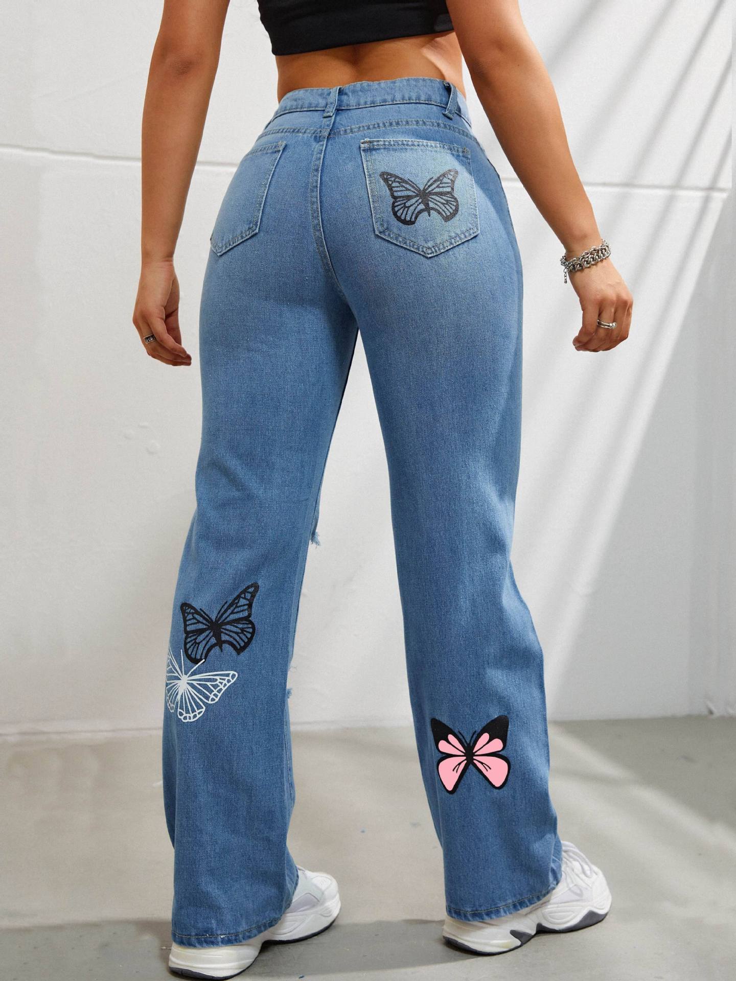 Jeans à jambes droites taille haute pour femmes, avec imprimé papillon | tendance