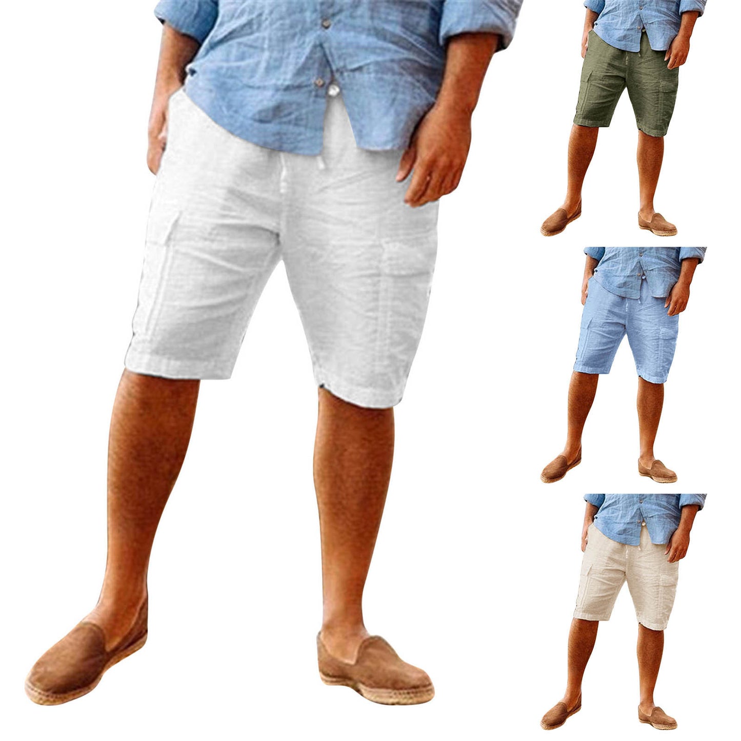 Shorts à poches multiples en coton hawaïen en lin pour hommes