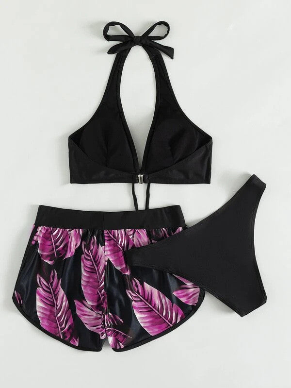 Bikini imprimé feuille 3 pièces pour femmes