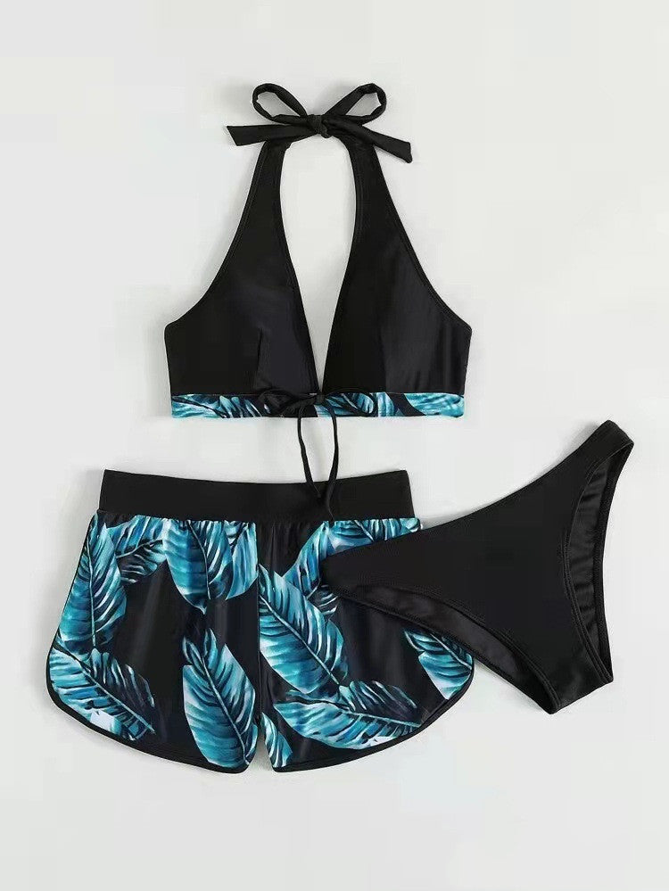 Bikini imprimé feuille 3 pièces pour femmes