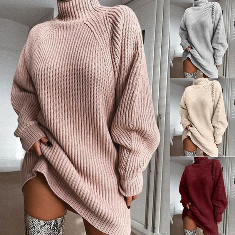 Pull long à col roulé uni Robe de pull d'hiver chaud pour femmes