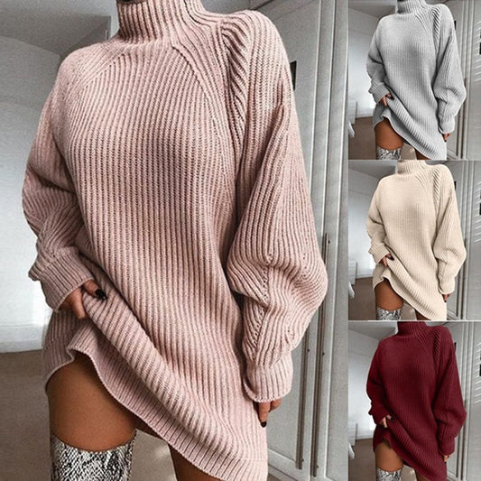 Pull long à col roulé uni Robe de pull d'hiver chaud pour femmes