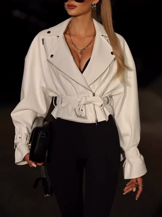 Veste courte en cuir de couleur unie pour femmes