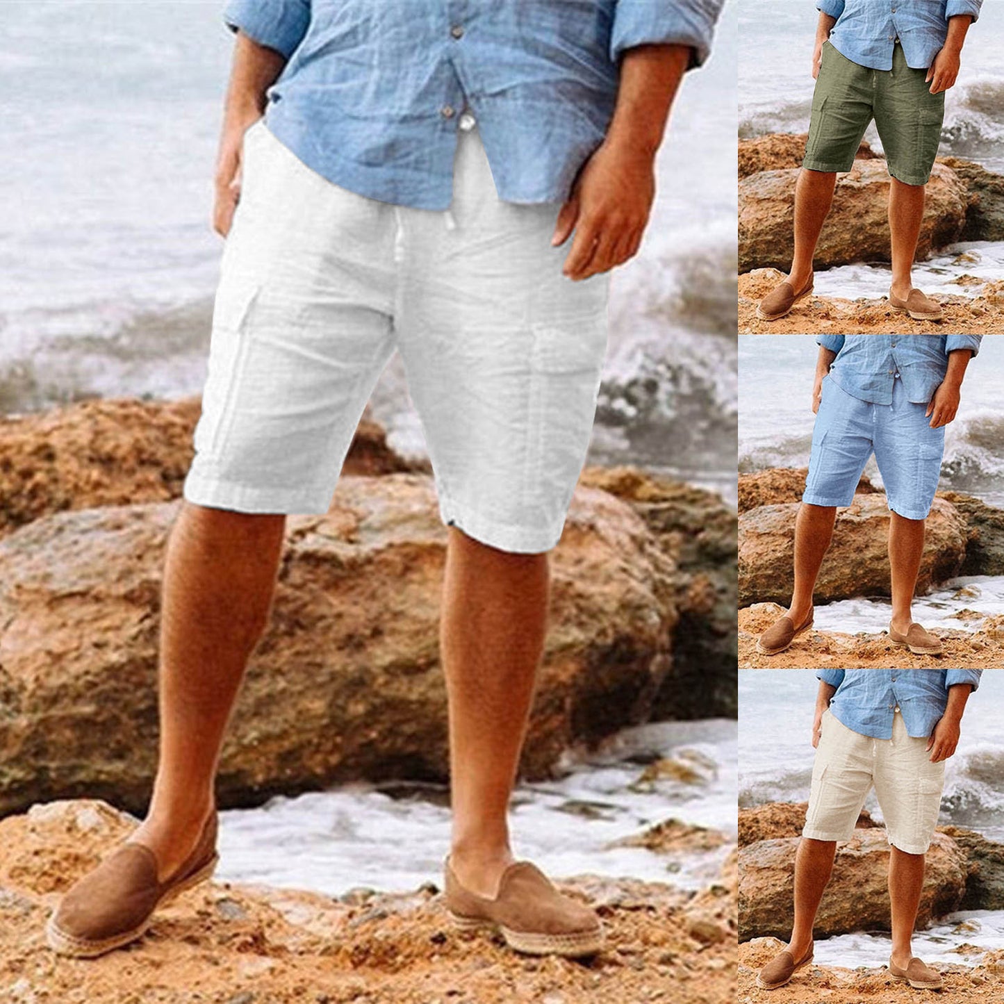 Shorts à poches multiples en coton hawaïen en lin pour hommes