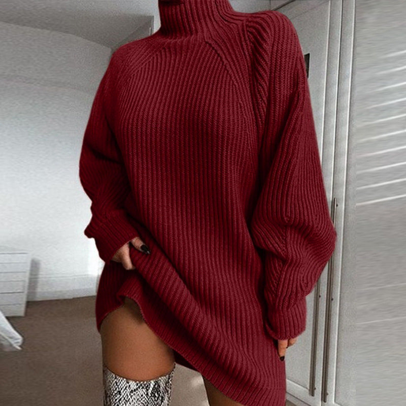 Pull long à col roulé uni Robe de pull d'hiver chaud pour femmes