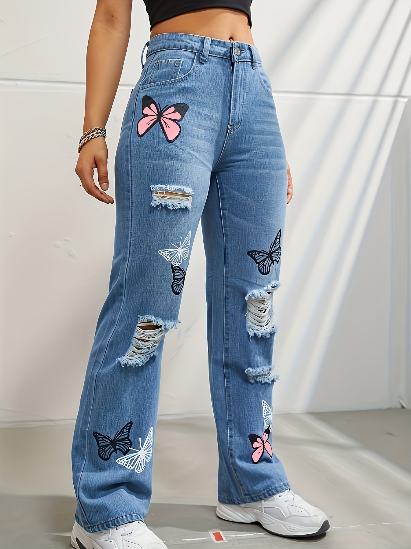 Jeans à jambes droites taille haute pour femmes, avec imprimé papillon | tendance