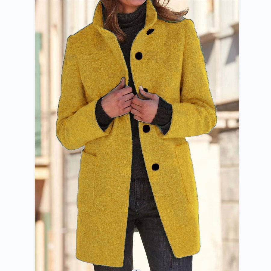 Manteau en laine élégant avec col montant et poches pratiques, parfait pour l'automne et l'hiver