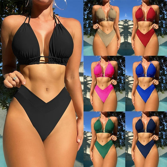 Maillot de bain bikini haute élastique couleur pure pour femme