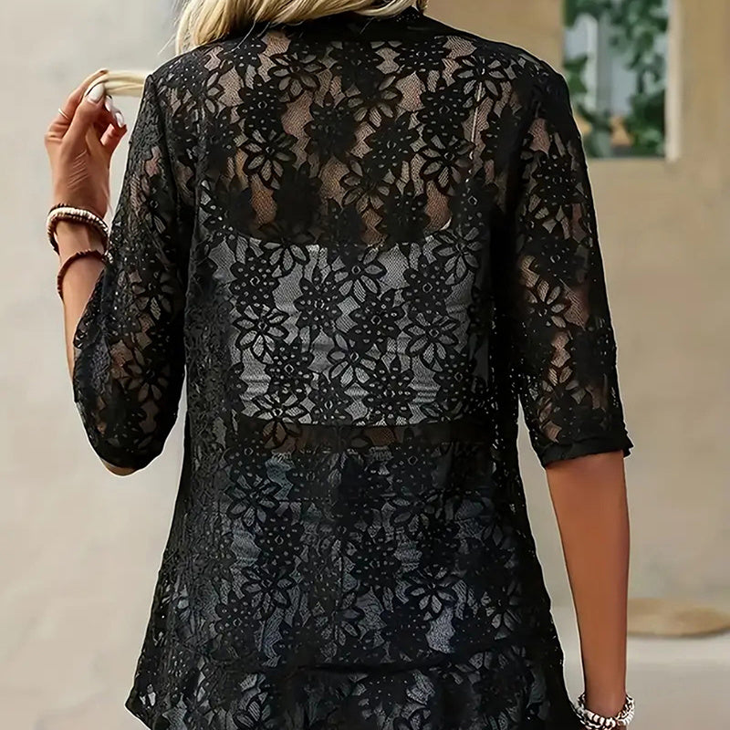 Boléro à manches en dentelle florale  pour femmes, épaules, blazer cardigan transparent à l'avant ouvert