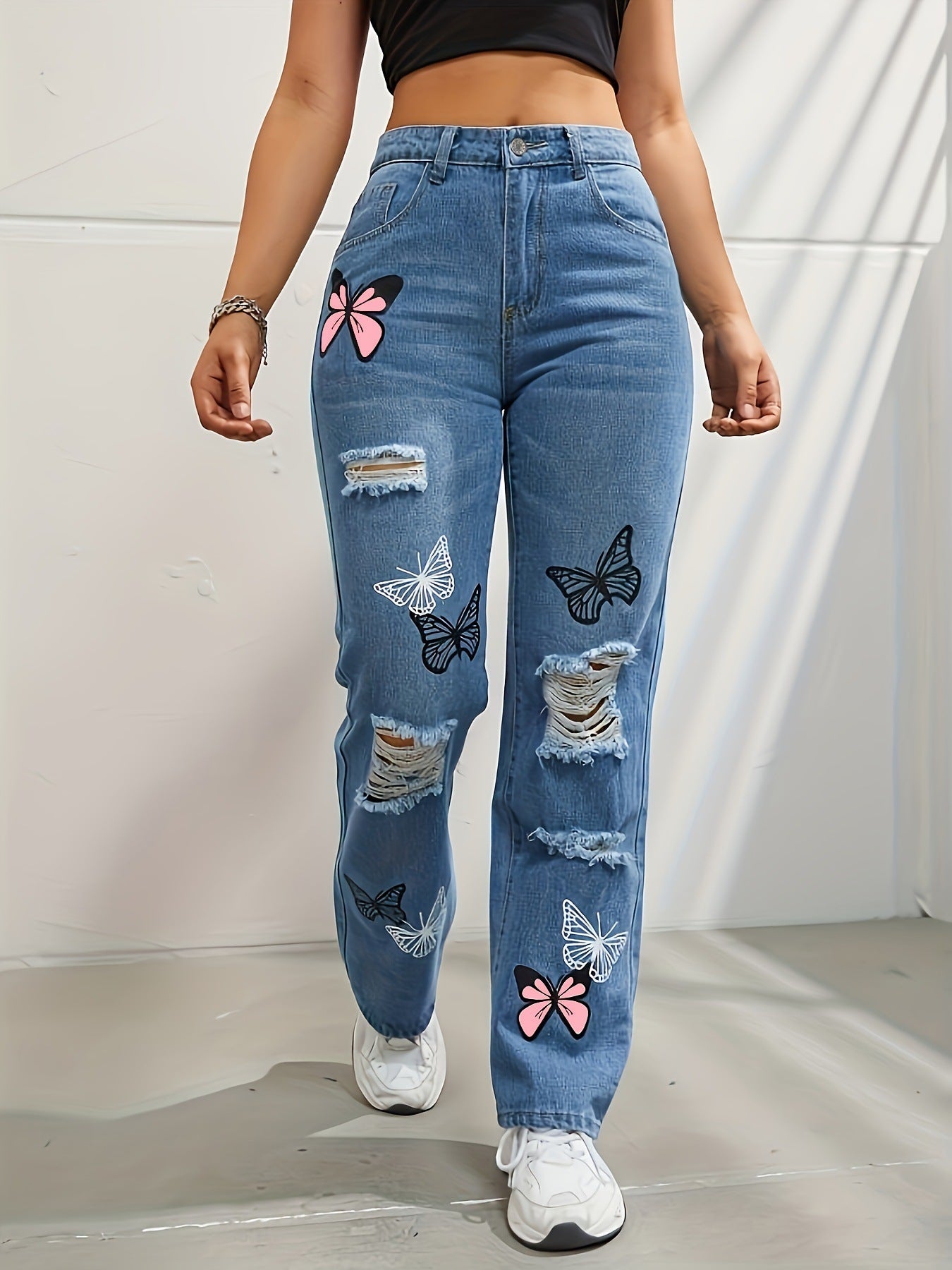 Jeans à jambes droites taille haute pour femmes, avec imprimé papillon | tendance