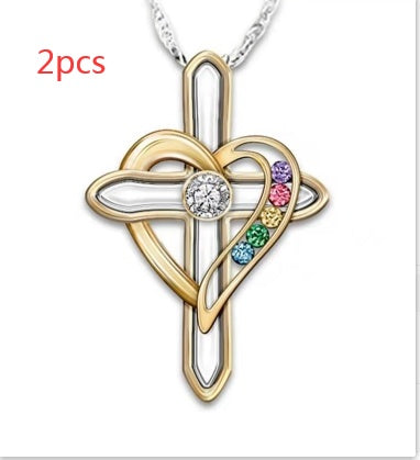 Pendentif Cross Love en alliage avec une pierre gemme colorée