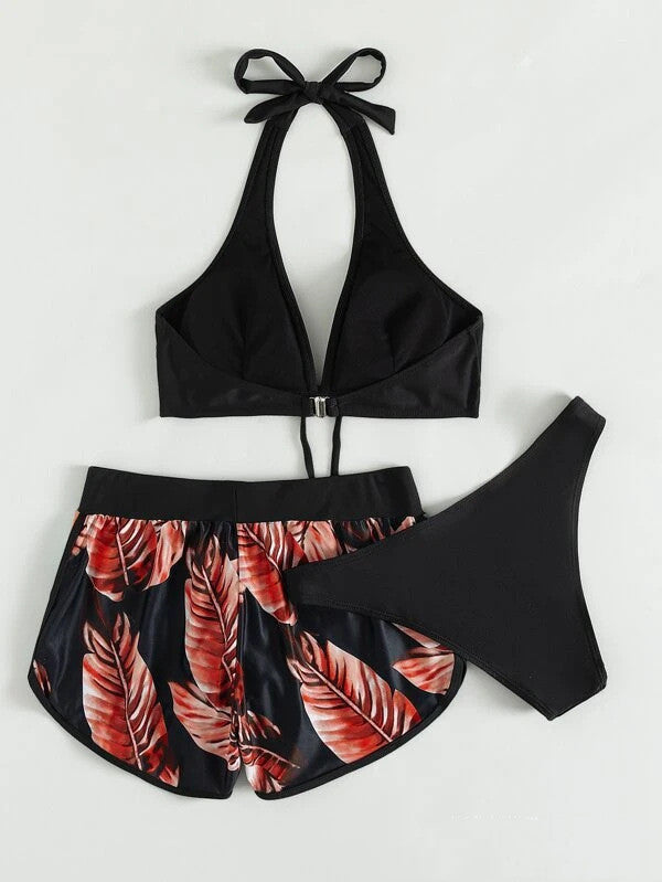 Bikini imprimé feuille 3 pièces pour femmes