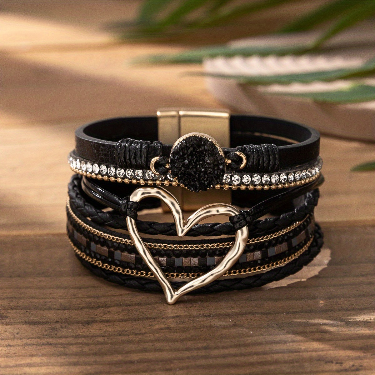 Bracelet en cuir PU noir multi-couches