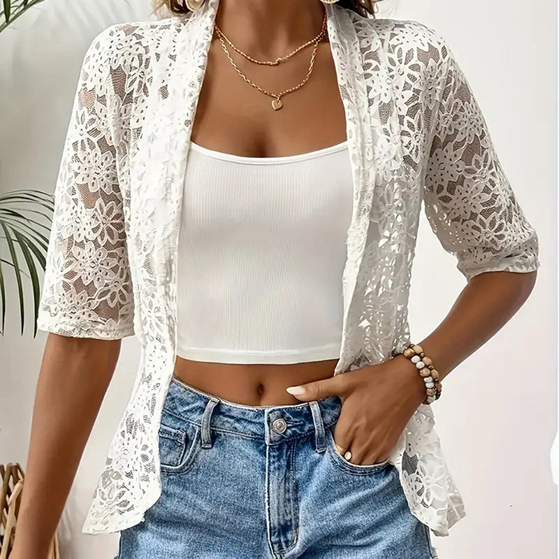Boléro à manches en dentelle florale  pour femmes, épaules, blazer cardigan transparent à l'avant ouvert