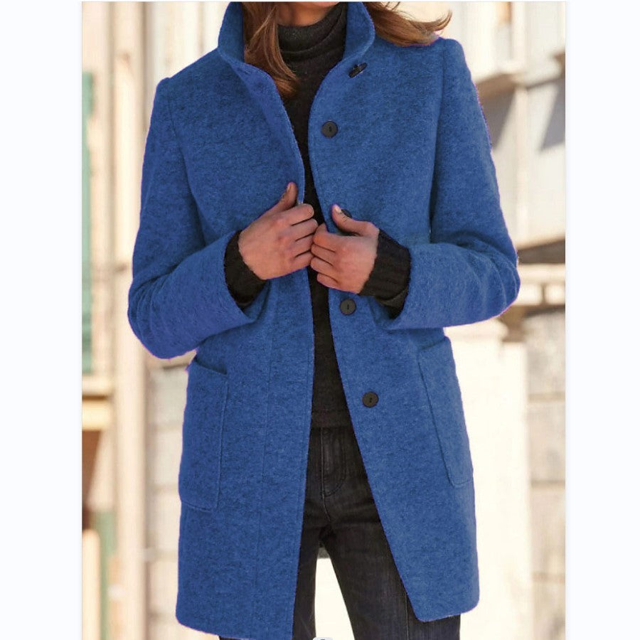 Manteau en laine élégant avec col montant et poches pratiques, parfait pour l'automne et l'hiver