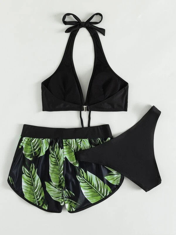 Bikini imprimé feuille 3 pièces pour femmes