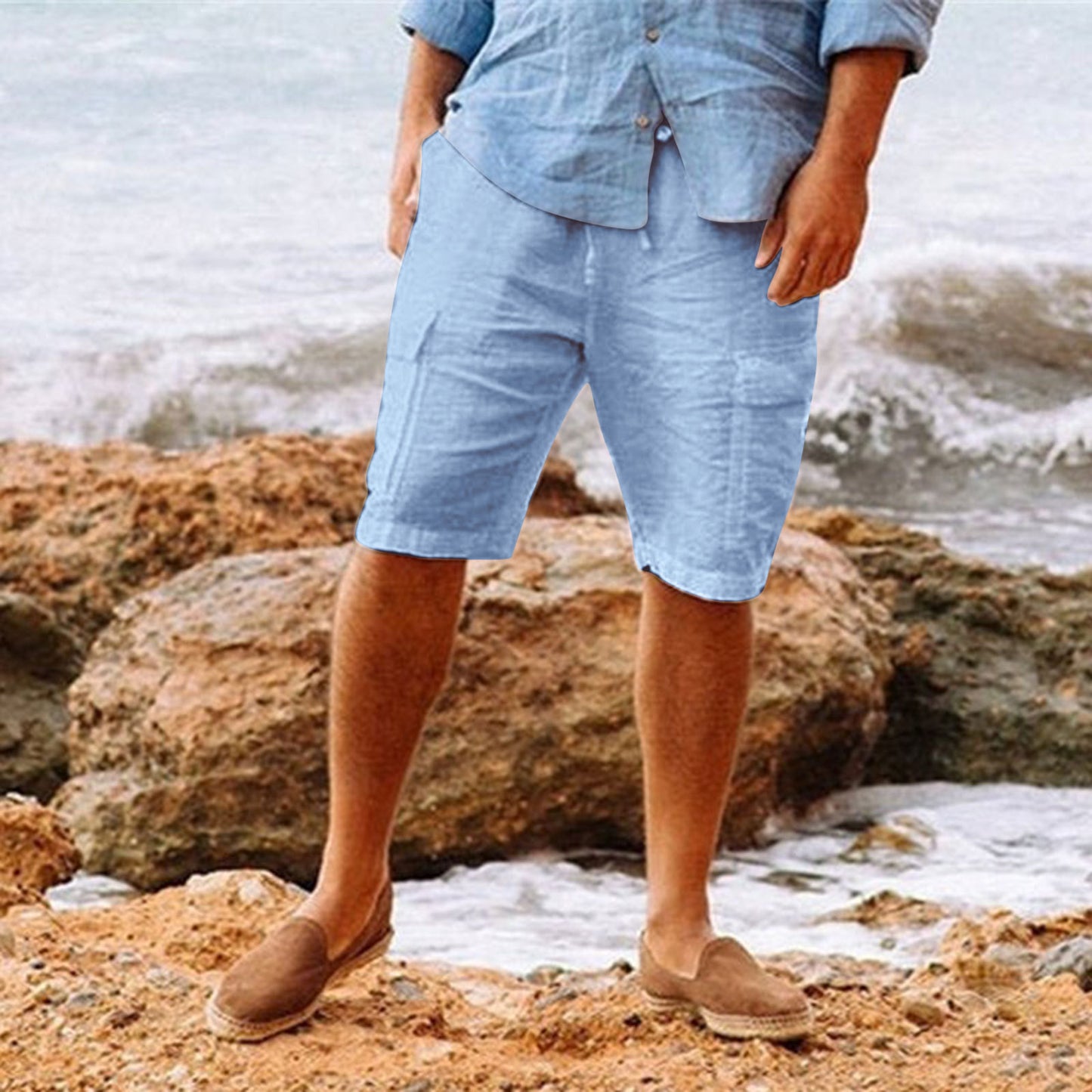 Shorts à poches multiples en coton hawaïen en lin pour hommes