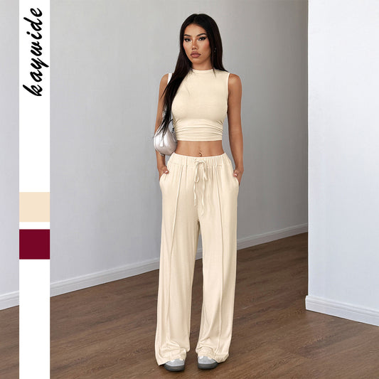 Ensemble débardeur sans manches et pantalon large en viscose tricotée