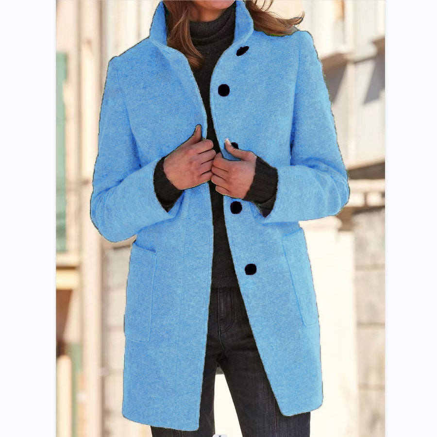 Manteau en laine élégant avec col montant et poches pratiques, parfait pour l'automne et l'hiver