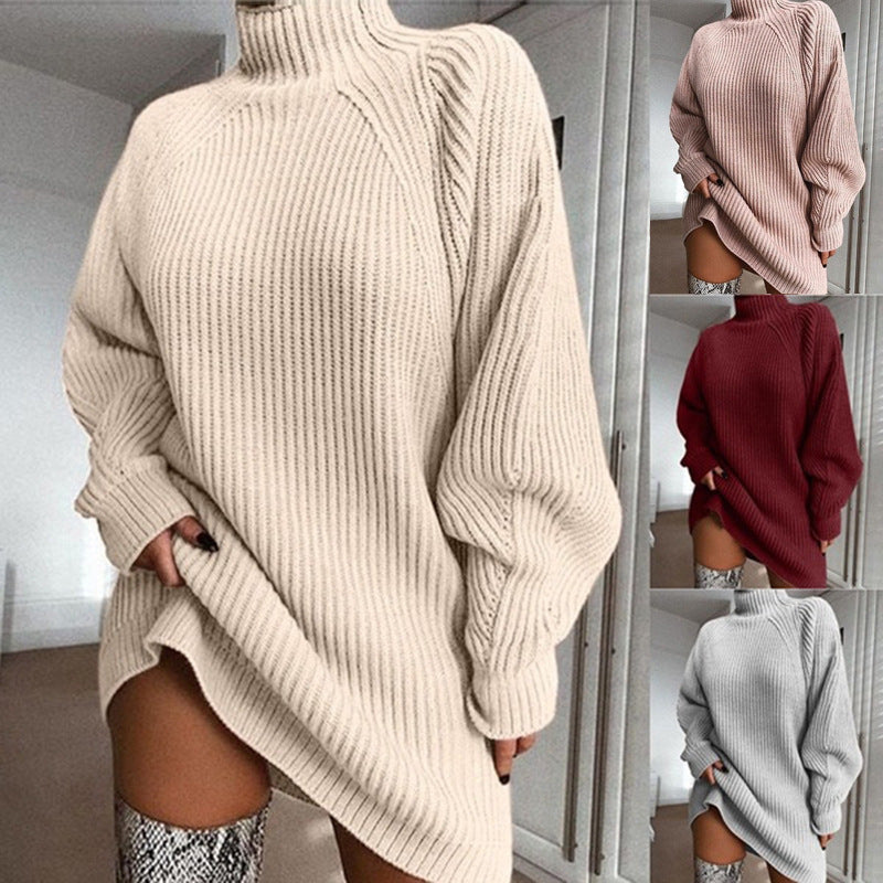 Pull long à col roulé uni Robe de pull d'hiver chaud pour femmes