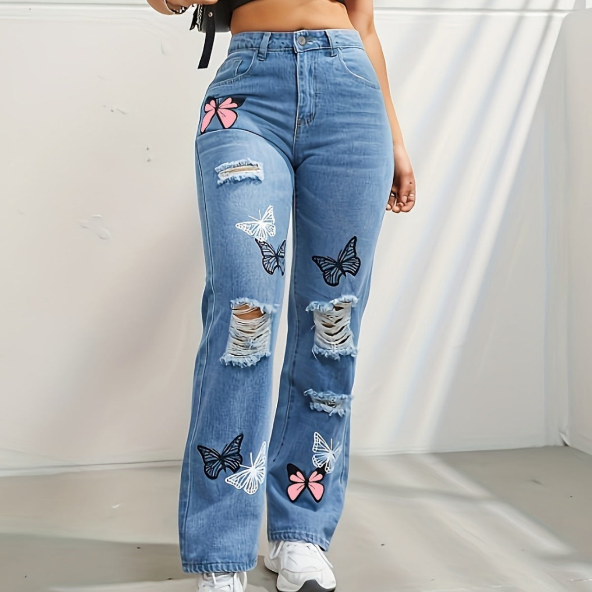 Jeans à jambes droites taille haute pour femmes, avec imprimé papillon | tendance