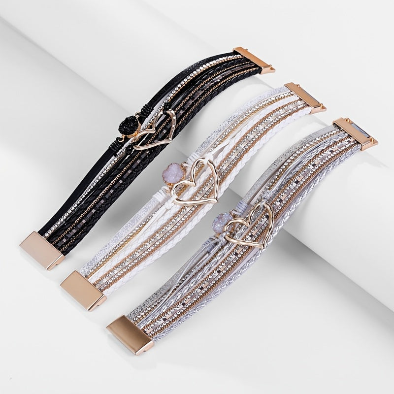 Bracelet en cuir PU noir multi-couches