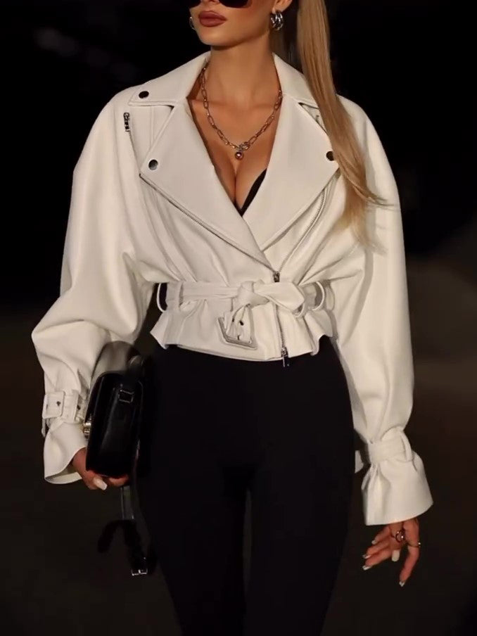Veste courte en cuir de couleur unie pour femmes