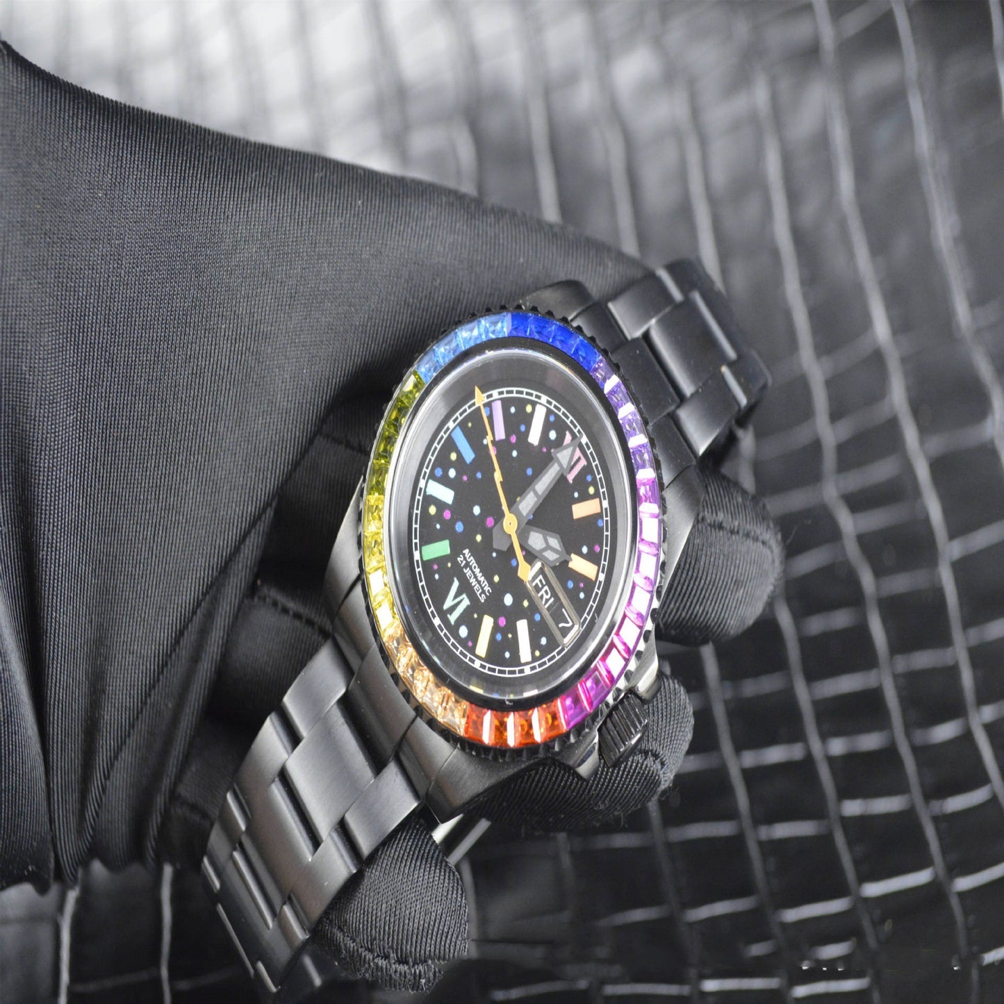 Montre mécanique entièrement automatique diamant de couleur noire en acier inoxydable