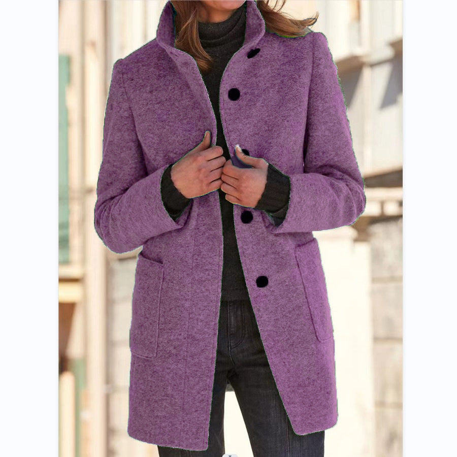 Manteau en laine élégant avec col montant et poches pratiques, parfait pour l'automne et l'hiver