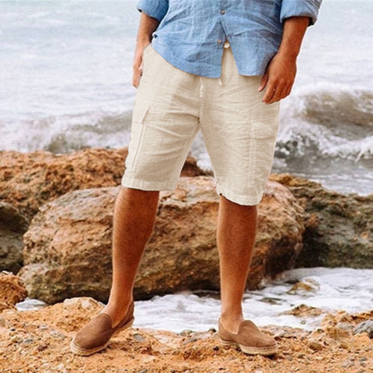 Shorts à poches multiples en coton hawaïen en lin pour hommes