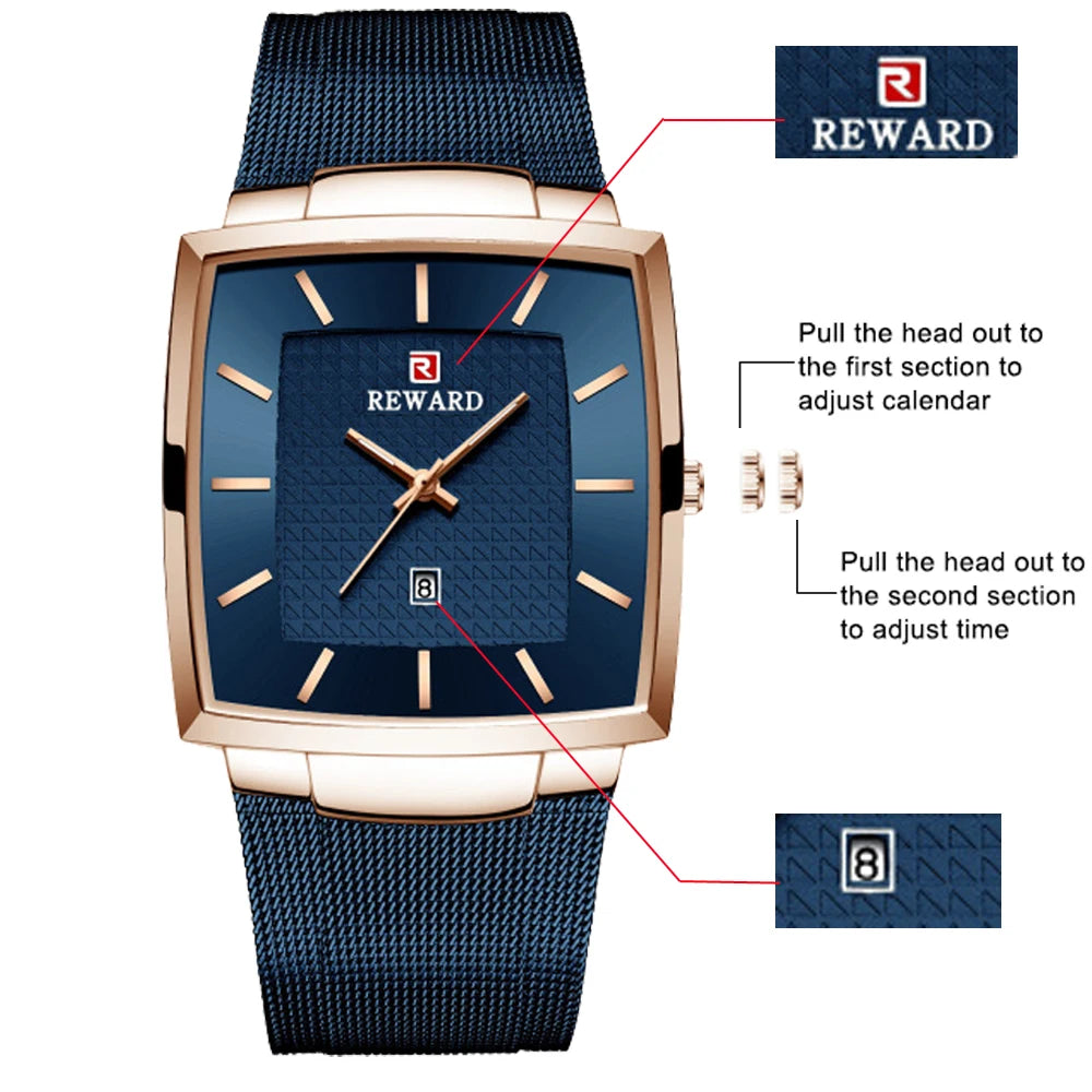 Montre de luxe REWARD Fashion Blue pour hommes
