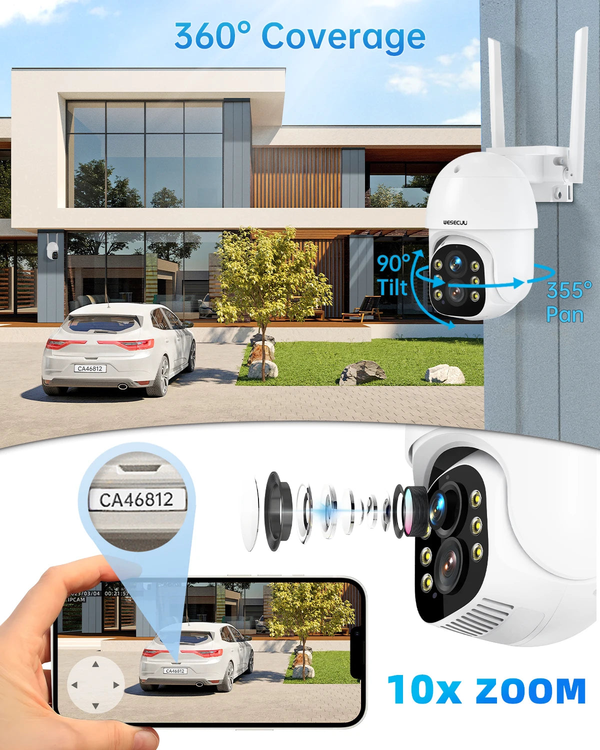 Caméra de sécurité WESECUU sans fil avec zoom optique 10X et résolution 3.0MP