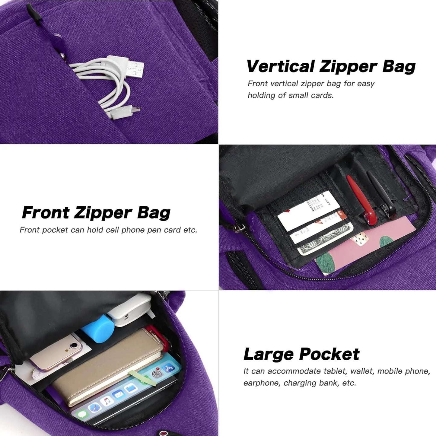 Sacs à dos sling en toile avec poche antivol pour homme et femme