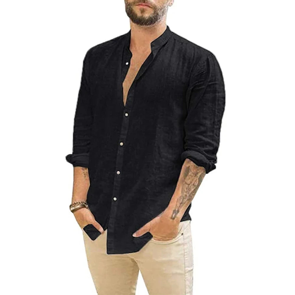 Chemises en lin à manches longues pour hommes, Couleur unie