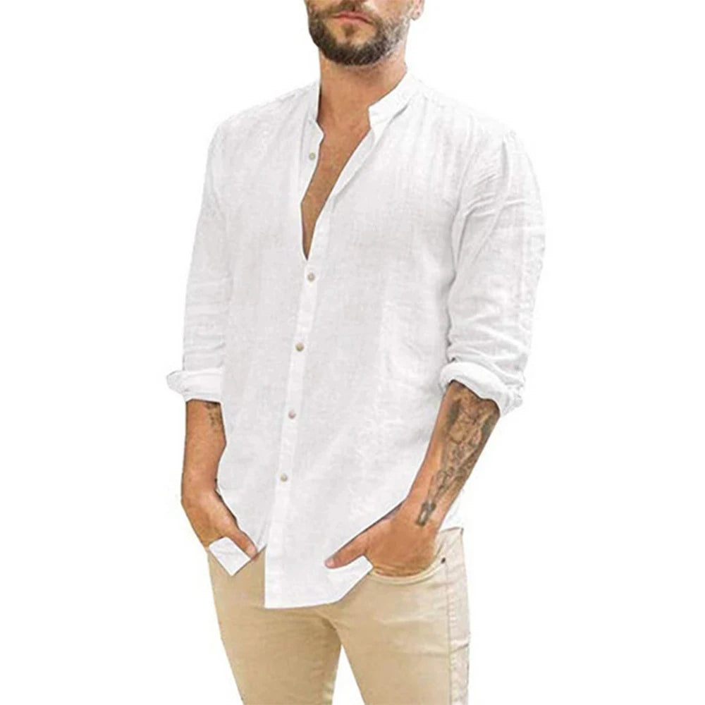Chemises en lin à manches longues pour hommes, Couleur unie