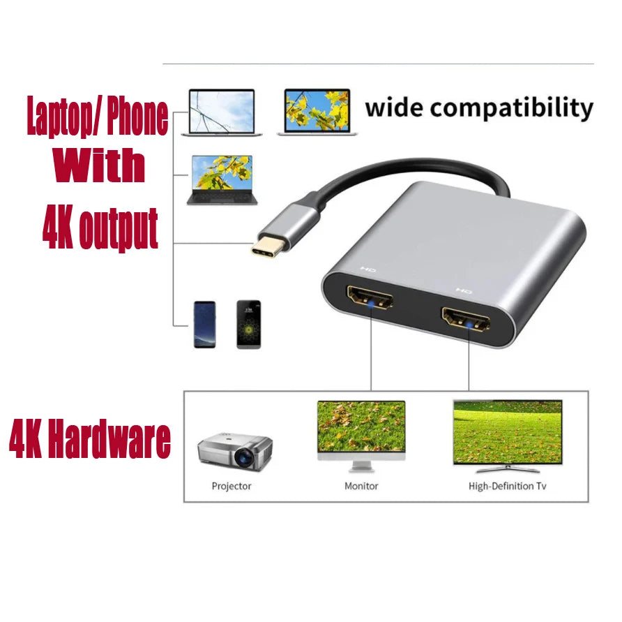 Convertisseur USB 4 en 1, 2 en 1 Type C vers double HDMI 4K