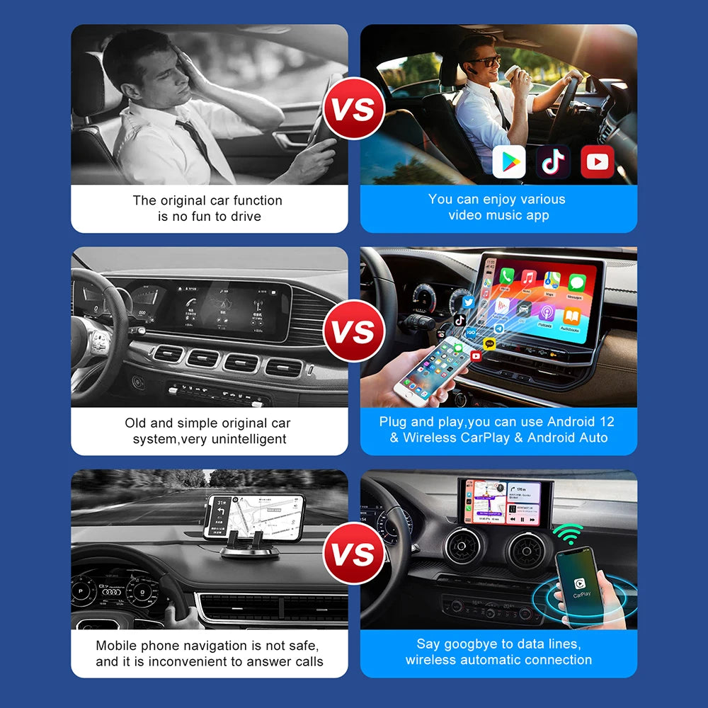 Adaptateur Android 13 haute performance. Compatible avec Carplay et Android Auto sans fil, accédez instantanément à Netflix, YouTube et vos applications préférées
