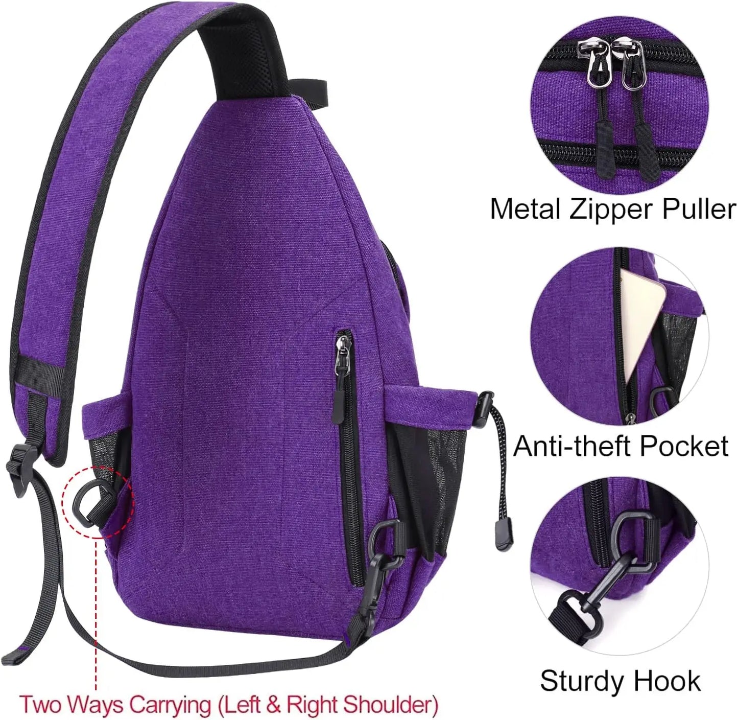Sacs à dos sling en toile avec poche antivol pour homme et femme