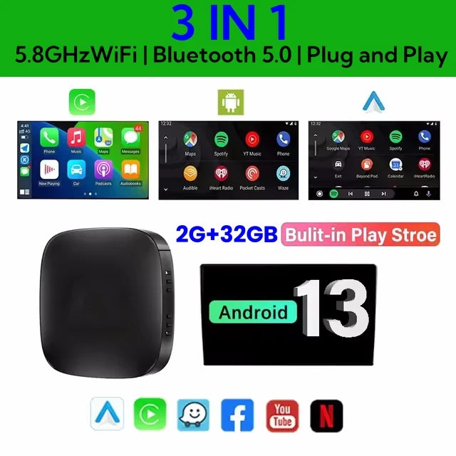 Adaptateur Android 13 haute performance. Compatible avec Carplay et Android Auto sans fil, accédez instantanément à Netflix, YouTube et vos applications préférées