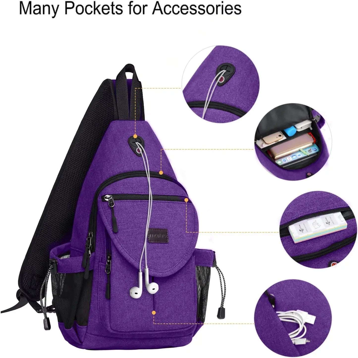 Sacs à dos sling en toile avec poche antivol pour homme et femme