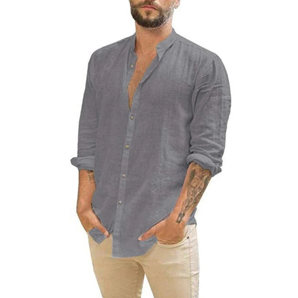 Chemises en lin à manches longues pour hommes, Couleur unie