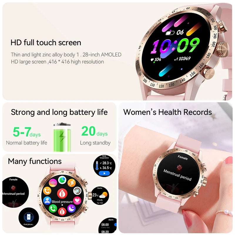 Montre intelligente LIGE 1.28 pouces avec écran AMOLED pour femmes