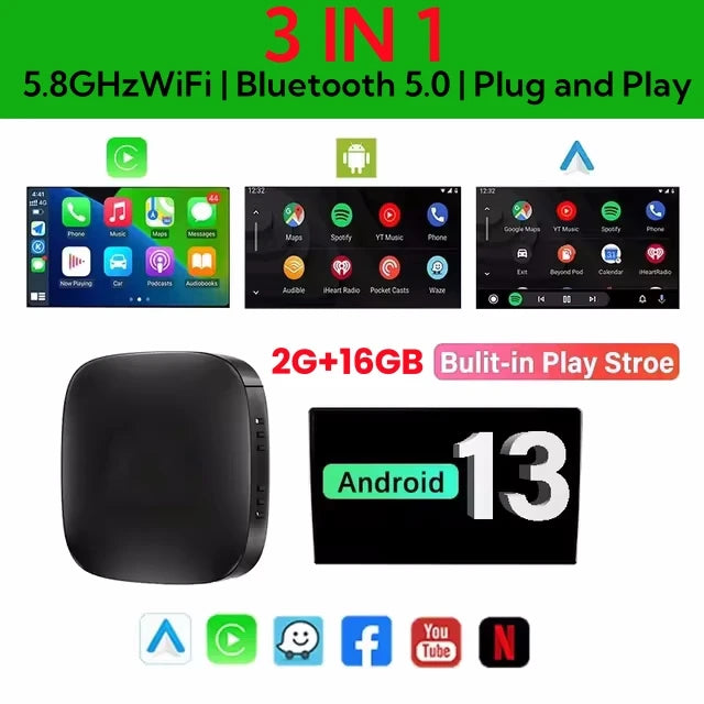 Adaptateur Android 13 haute performance. Compatible avec Carplay et Android Auto sans fil, accédez instantanément à Netflix, YouTube et vos applications préférées