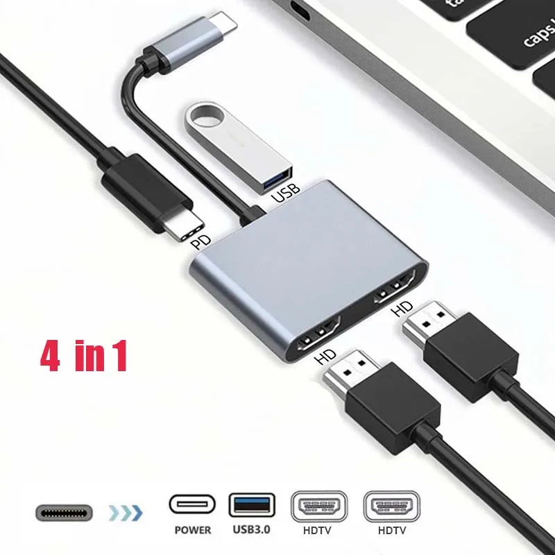 Convertisseur USB 4 en 1, 2 en 1 Type C vers double HDMI 4K