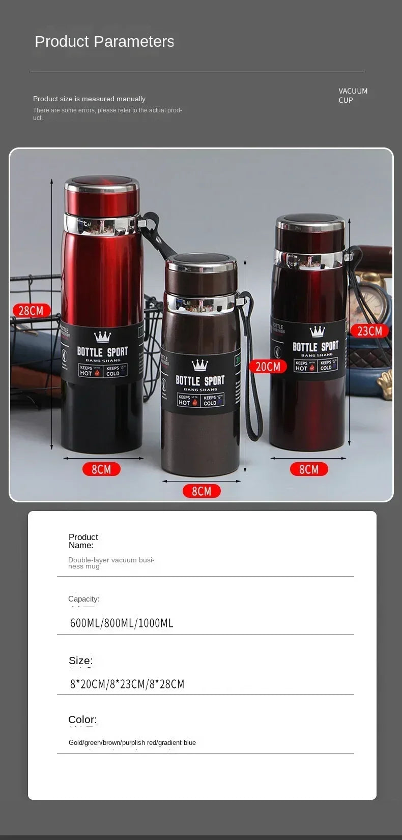 Bouteille d'eau thermique de 1L garde l'eau chaude ou froide