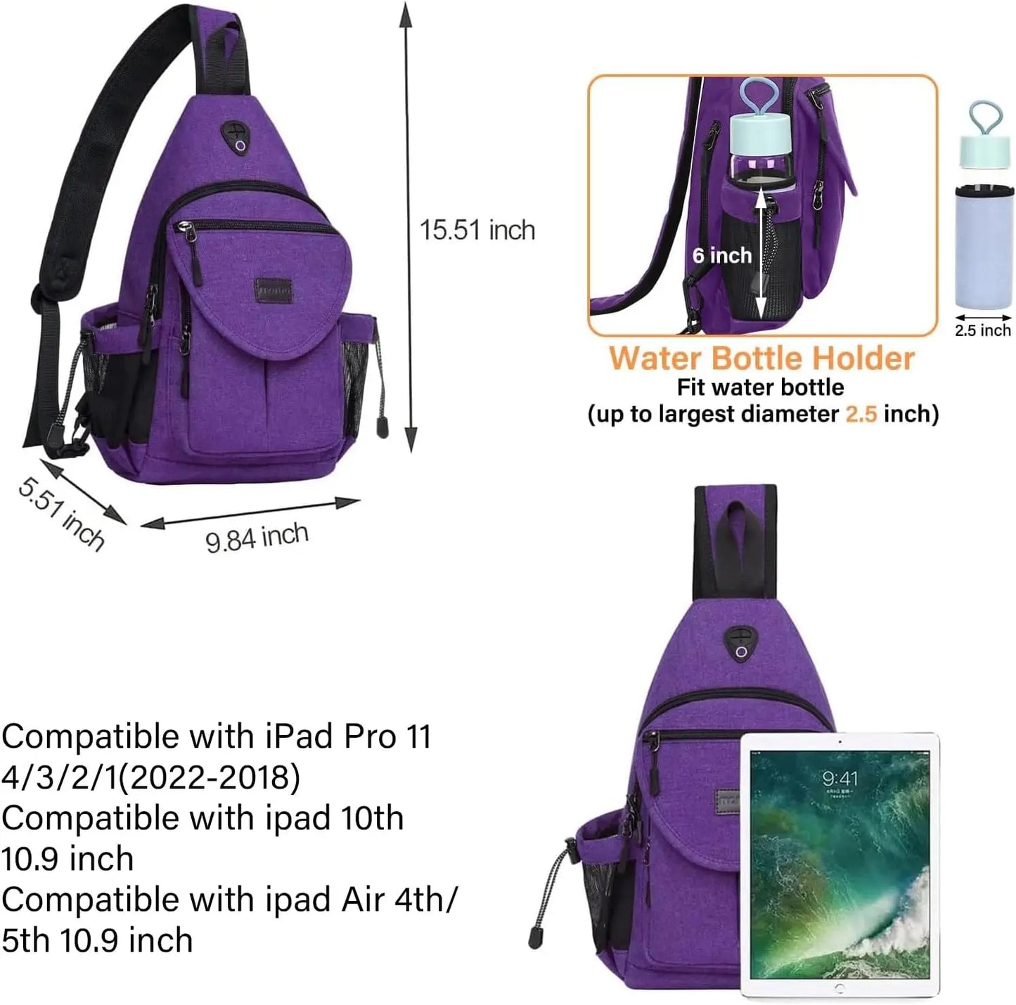 Sacs à dos sling en toile avec poche antivol pour homme et femme