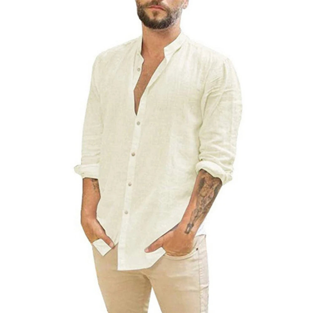 Chemises en lin à manches longues pour hommes, Couleur unie