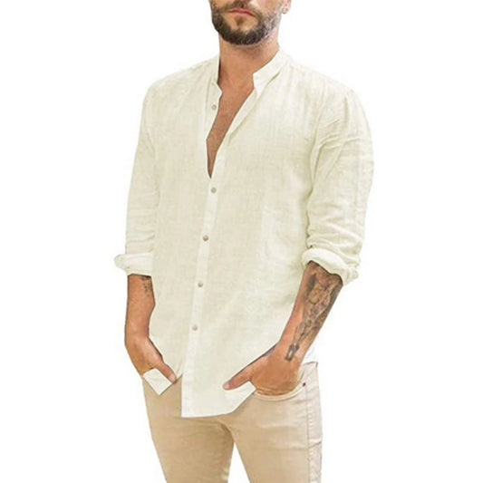 Chemises en lin à manches longues pour hommes, Couleur unie